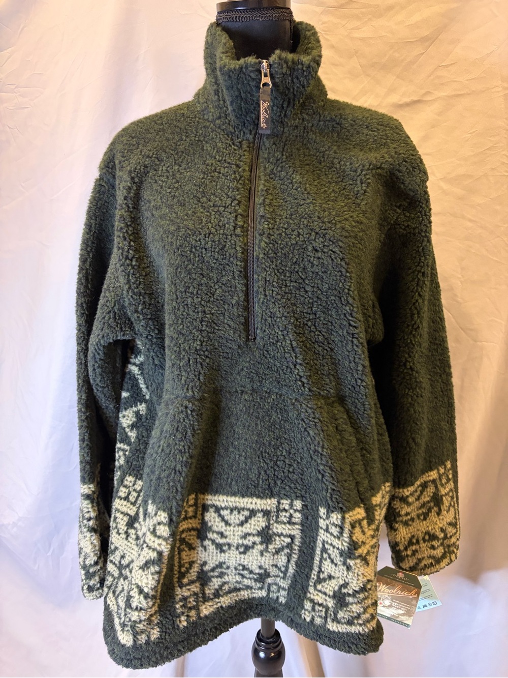 Woolrich Olive and Cream Fair Isle Sherpa Pullover